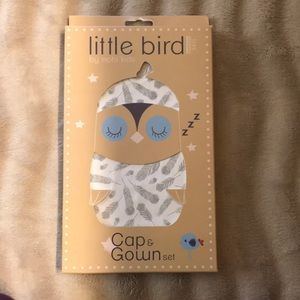 Feather print, cap & gown set.  Size newborn
